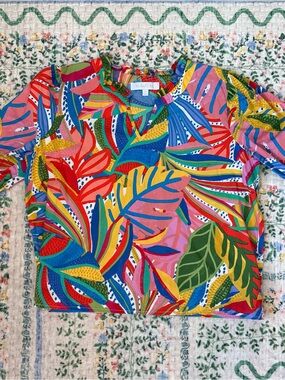 Sugarlips Colorful Tropical Print Puff Sleeve Blouse Women’s M